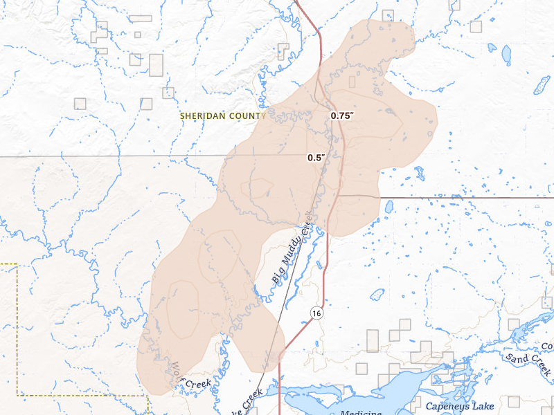 Radar-estimated hail-size map of the storm over Reserve, MT on Jun 7, 2026