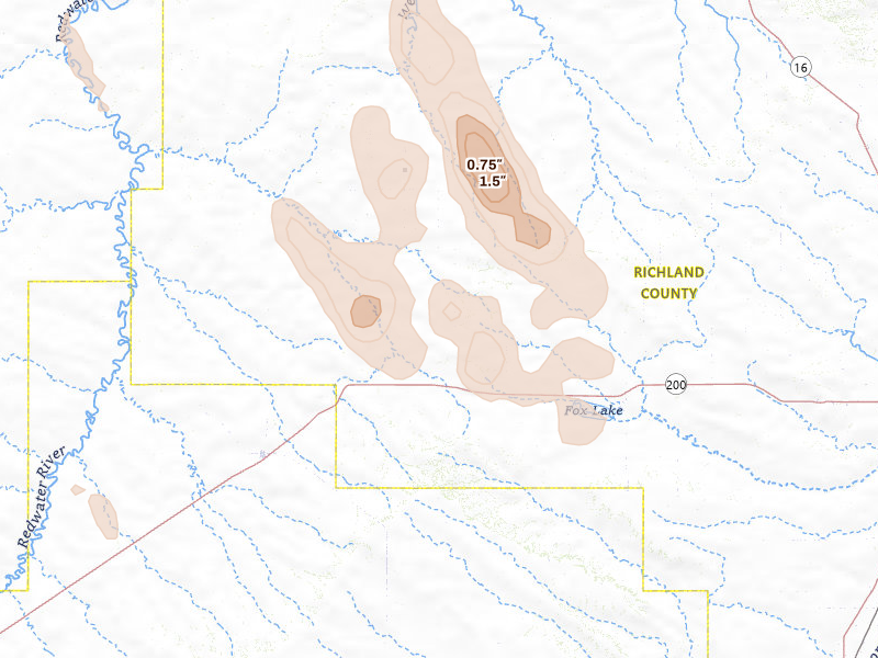 Radar-estimated hail-size map of the storm over Richey, MT on May 26, 2026