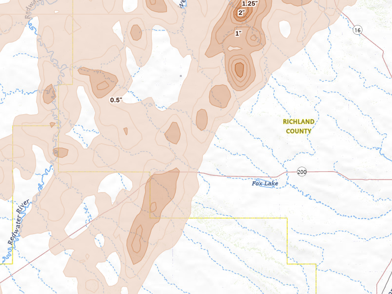 Radar-estimated hail-size map of the storm over Richey, MT on Jun 6, 2026