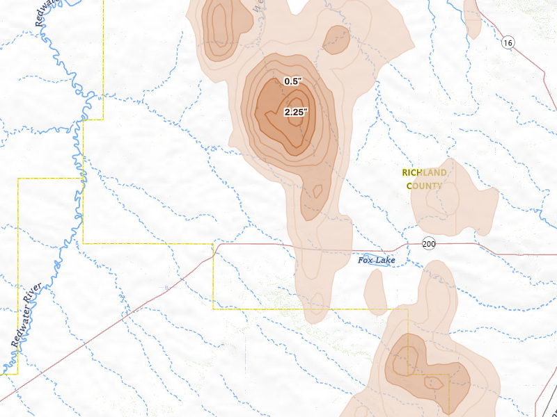Radar-estimated hail-size map of the storm over Richey, MT on Jun 27, 2026