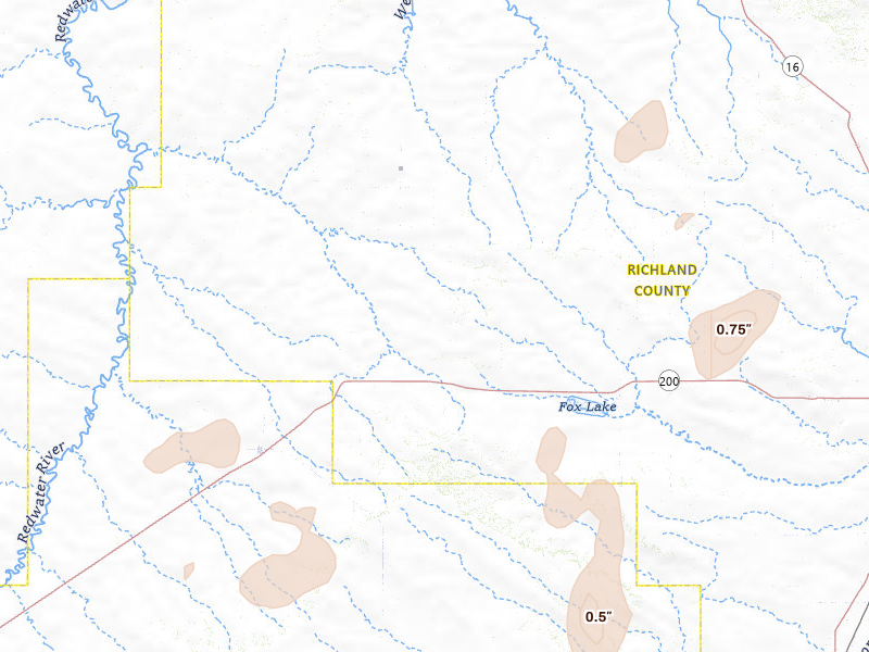 Radar-estimated hail-size map of the storm over Richey, MT on Jul 2, 2026