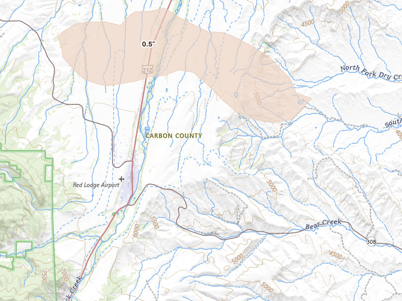Radar-estimated hail-size map of the storm over Roberts, MT on Aug 18, 2026