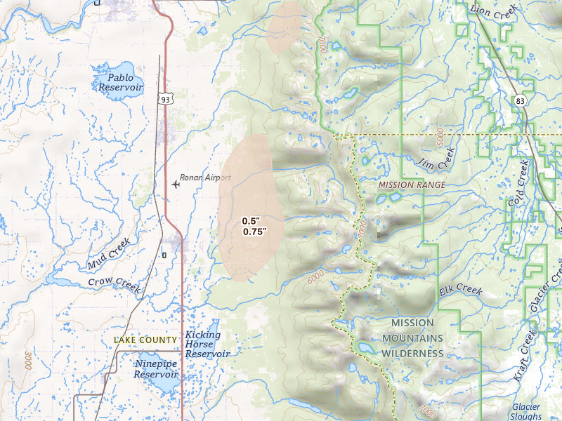 Radar-estimated hail-size map of the storm over Ronan, MT on May 29, 2026