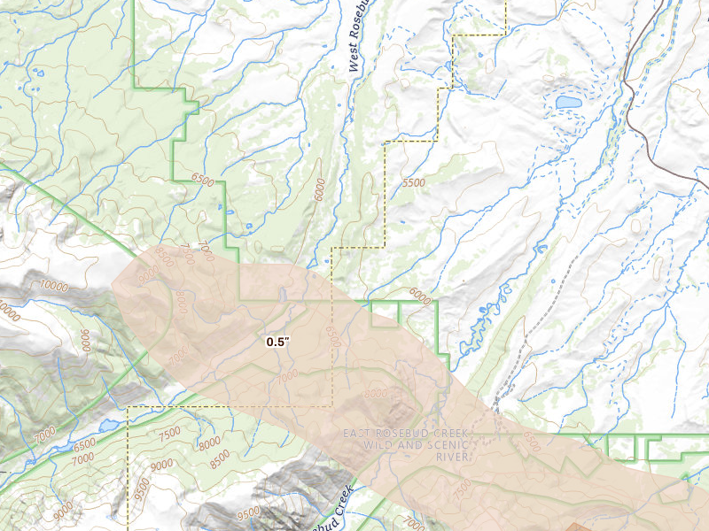 Radar-estimated hail-size map of the storm over Roscoe, MT on Jun 25, 2026