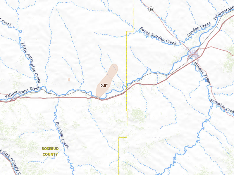 Radar-estimated hail-size map of the storm over Rosebud, MT on Jun 7, 2026