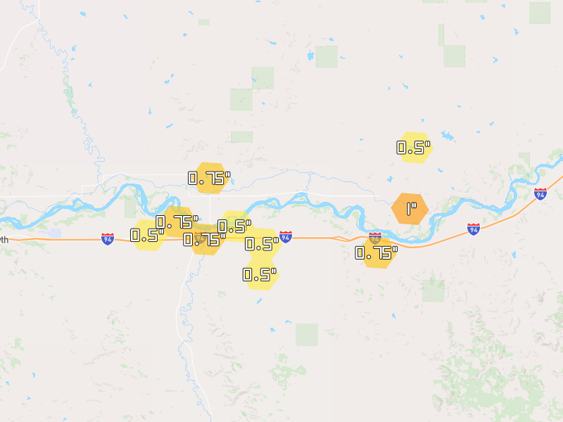 Hail map of Rosebud, MT on Jun 7, 2026, hail up to 1"