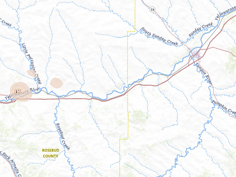 Radar-estimated hail-size map of the storm over Rosebud, MT on Jul 8, 2026