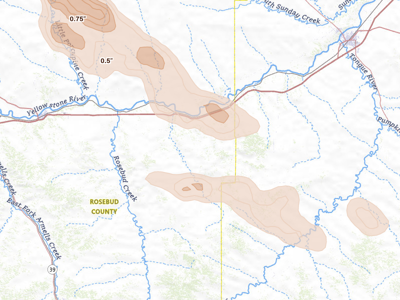 Radar-estimated hail-size map of the storm over Rosebud, MT on Aug 18, 2026
