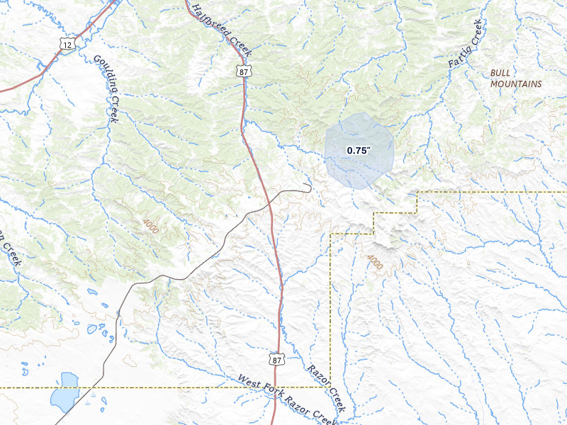 NEXRAD radar-signature map of the hail storm over Roundup, MT on Jun 27, 2026