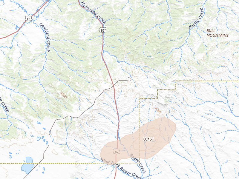 Radar-estimated hail-size map of the storm over Roundup, MT on Jul 5, 2026