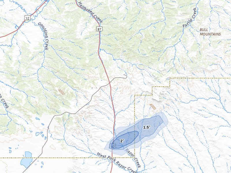 NEXRAD radar-signature map of the hail storm over Roundup, MT on Jul 5, 2026