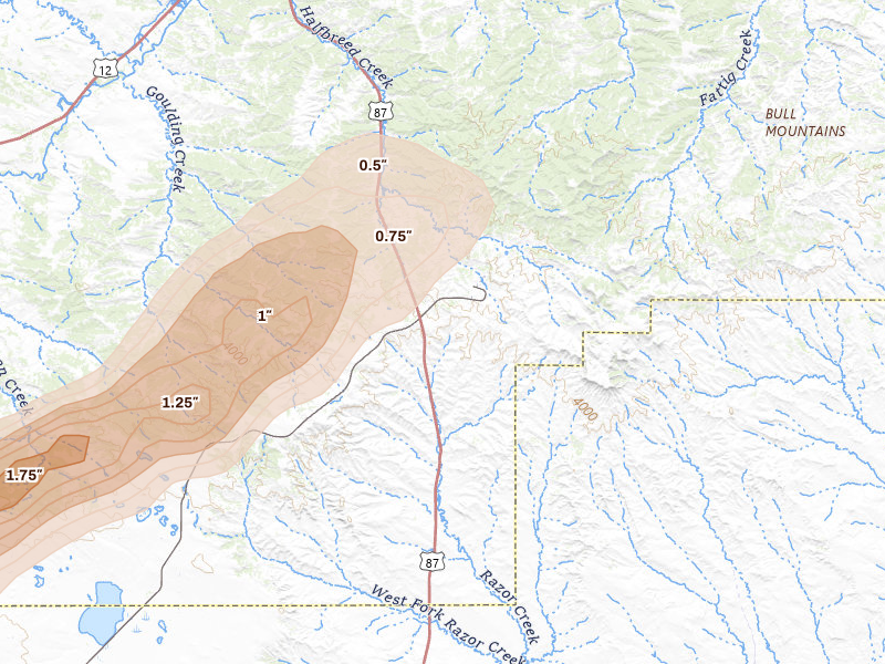 Radar-estimated hail-size map of the storm over Roundup, MT on Jul 7, 2026