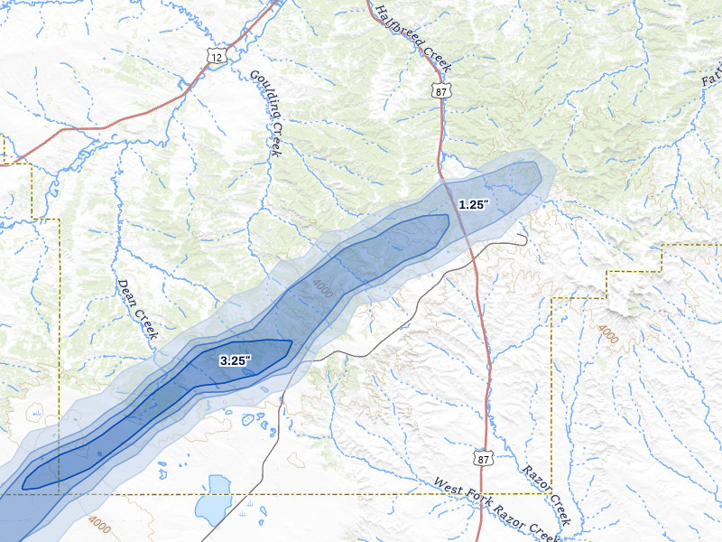 NEXRAD radar-signature map of the hail storm over Roundup, MT on Jul 7, 2026