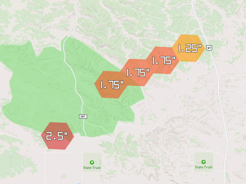Hail map of Roundup, MT on Jul 8, 2026, hail up to 2.5"