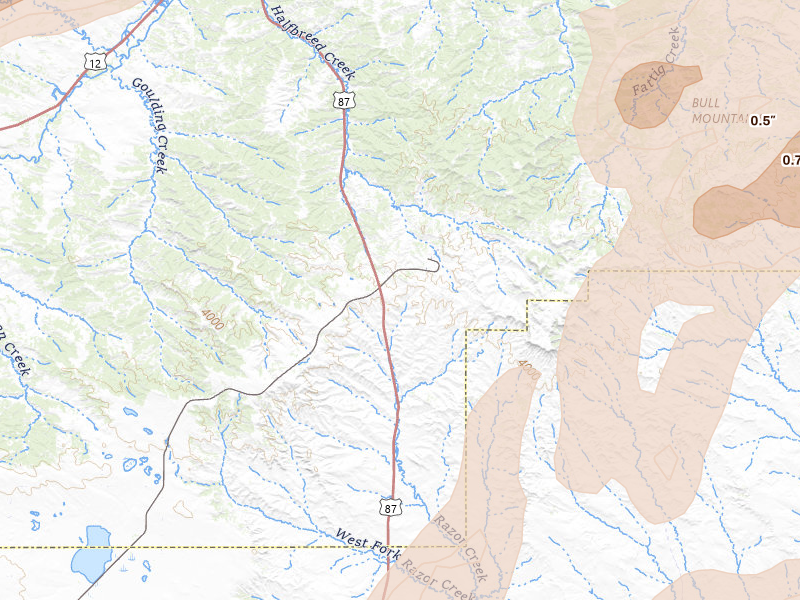 Radar-estimated hail-size map of the storm over Roundup, MT on Jul 14, 2026
