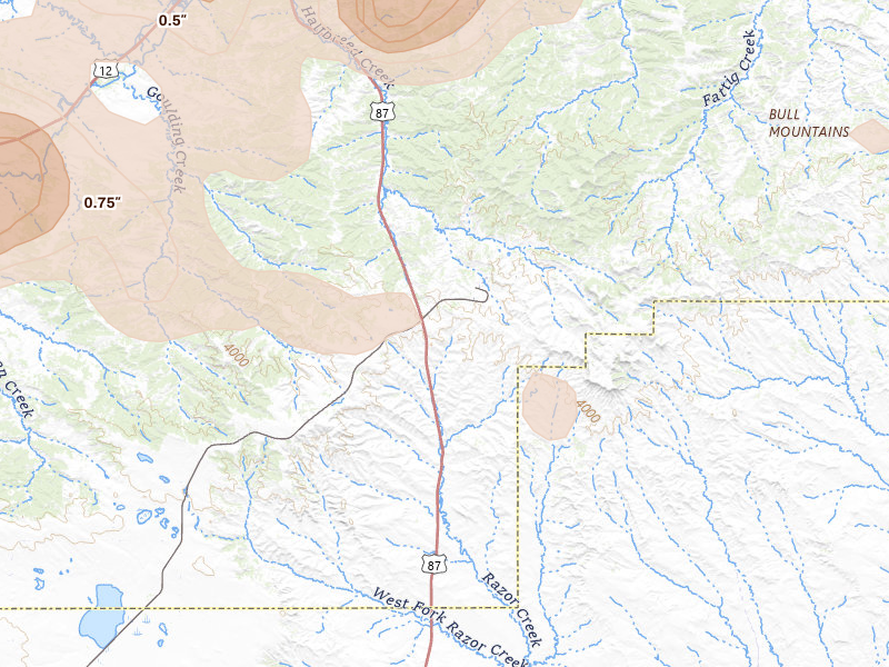 Radar-estimated hail-size map of the storm over Roundup, MT on Jul 16, 2026