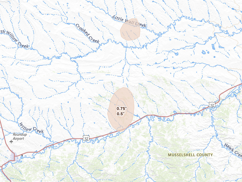 Radar-estimated hail-size map of the storm over Roundup, MT on Jul 17, 2026