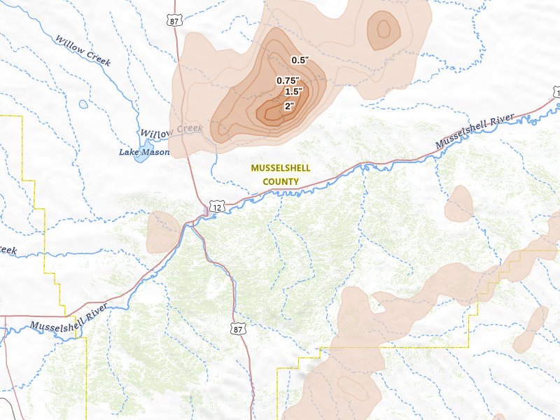 Radar-estimated hail-size map of the storm over Roundup, MT