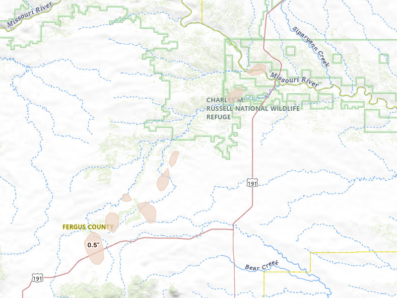 Radar-estimated hail-size map of the storm over Roy, MT on Jun 7, 2026
