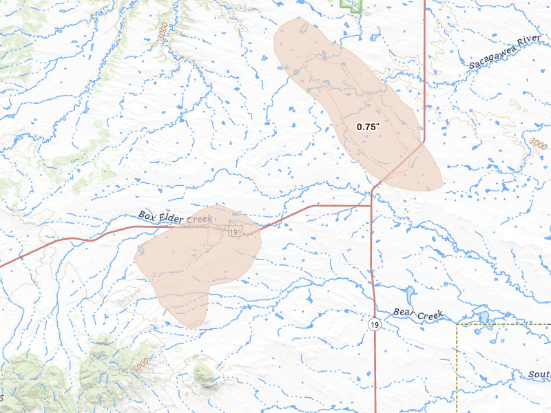 Radar-estimated hail-size map of the storm over Roy, MT on Aug 18, 2026