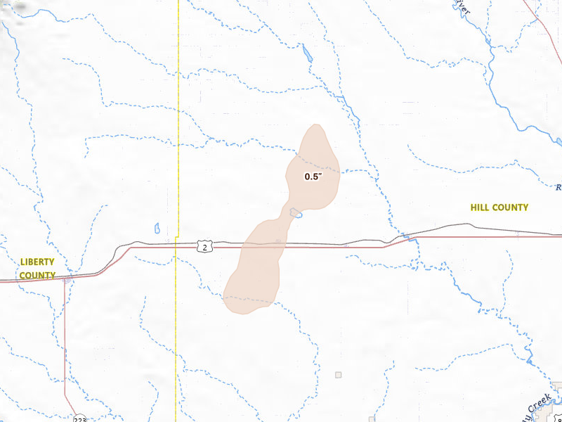 Radar-estimated hail-size map of the storm over Rudyard, MT on May 13, 2026