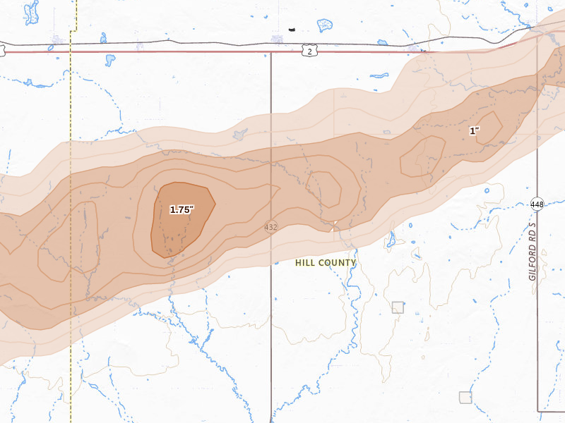 Radar-estimated hail-size map of the storm over Rudyard, MT on Aug 23, 2026
