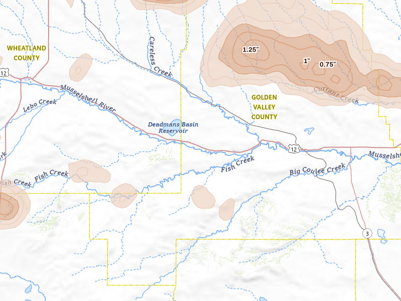 Radar-estimated hail-size map of the storm over Ryegate, MT on Jul 14, 2026