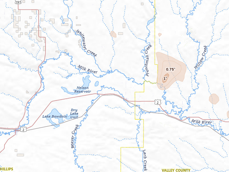Radar-estimated hail-size map of the storm over Saco, MT on May 29, 2026