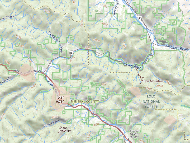 Radar-estimated hail-size map of the storm over Saint Regis, MT on Aug 14, 2026
