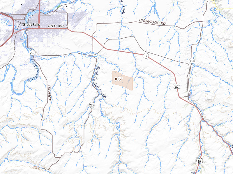 Radar-estimated hail-size map of the storm over Sand Coulee, MT on Feb 12, 2026
