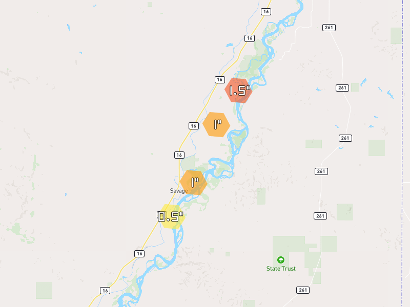 Hail map of Savage, MT on Jun 7, 2026, hail up to 1.5"
