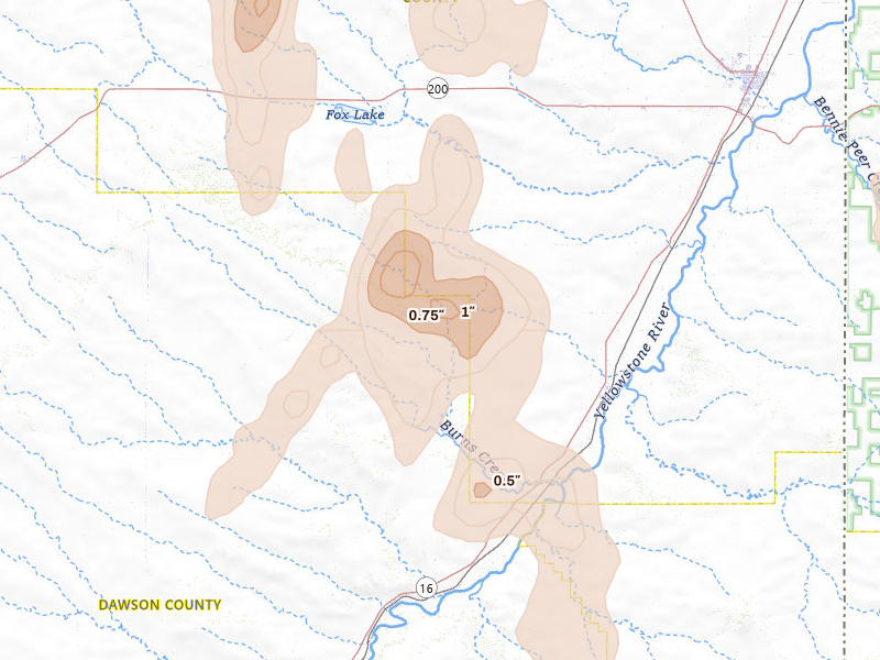 Radar-estimated hail-size map of the storm over Savage, MT on Jun 27, 2026