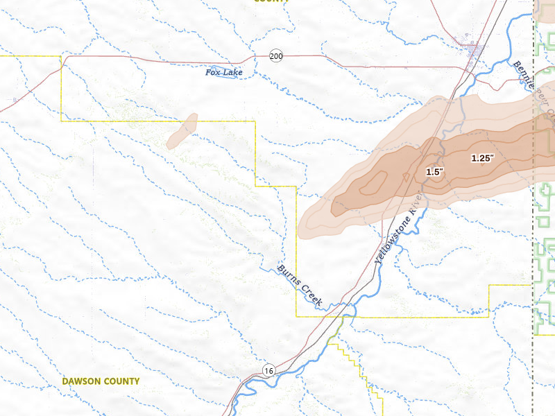 Radar-estimated hail-size map of the storm over Savage, MT on Jul 5, 2026