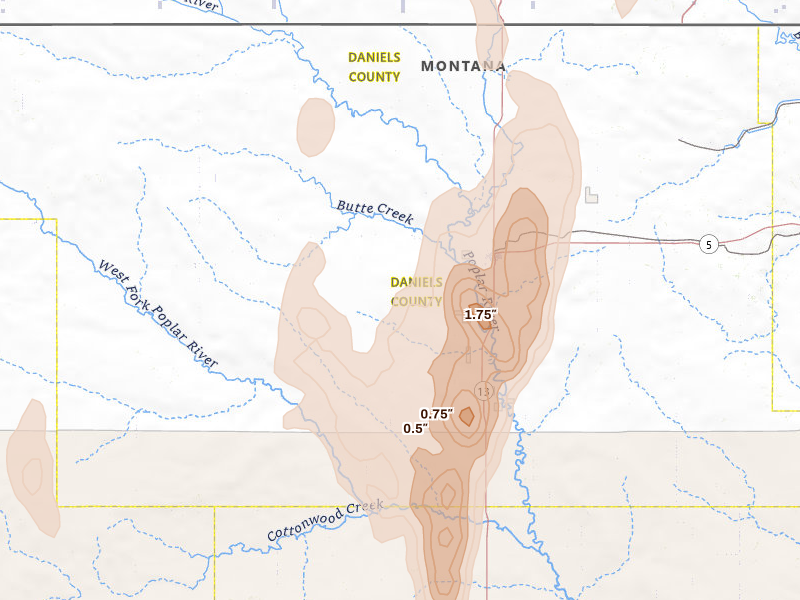 Radar-estimated hail-size map of the storm over Scobey, MT on Jun 27, 2026
