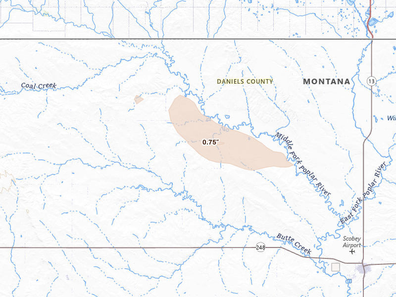 Radar-estimated hail-size map of the storm over Scobey, MT on Aug 9, 2026