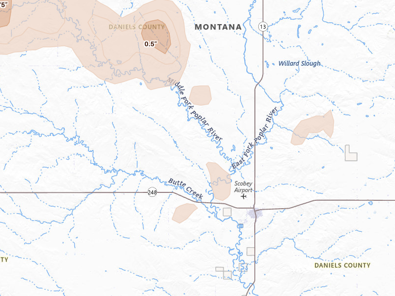 Radar-estimated hail-size map of the storm over Scobey, MT on Aug 23, 2026