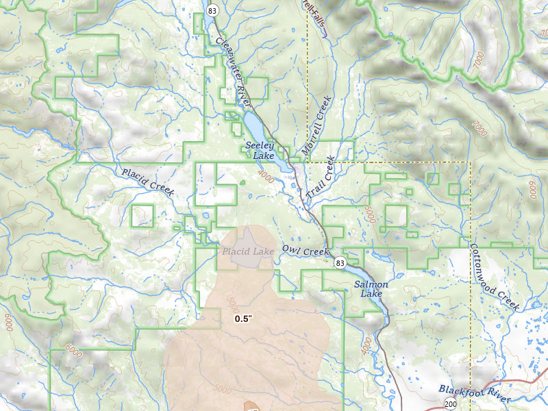 Radar-estimated hail-size map of the storm over Seeley Lake, MT on May 28, 2026