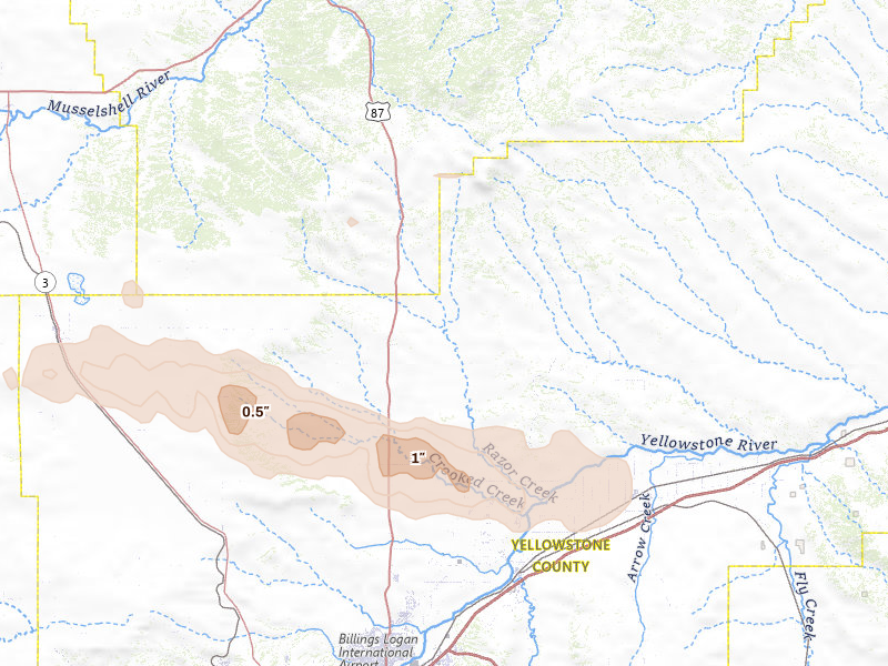 Radar-estimated hail-size map of the storm over Shepherd, MT on Jun 21, 2026