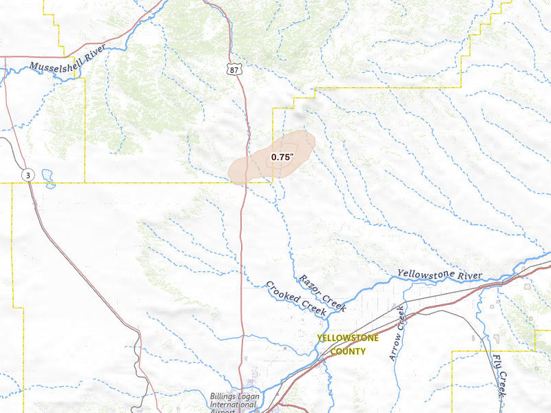 Radar-estimated hail-size map of the storm over Shepherd, MT on Jul 5, 2026