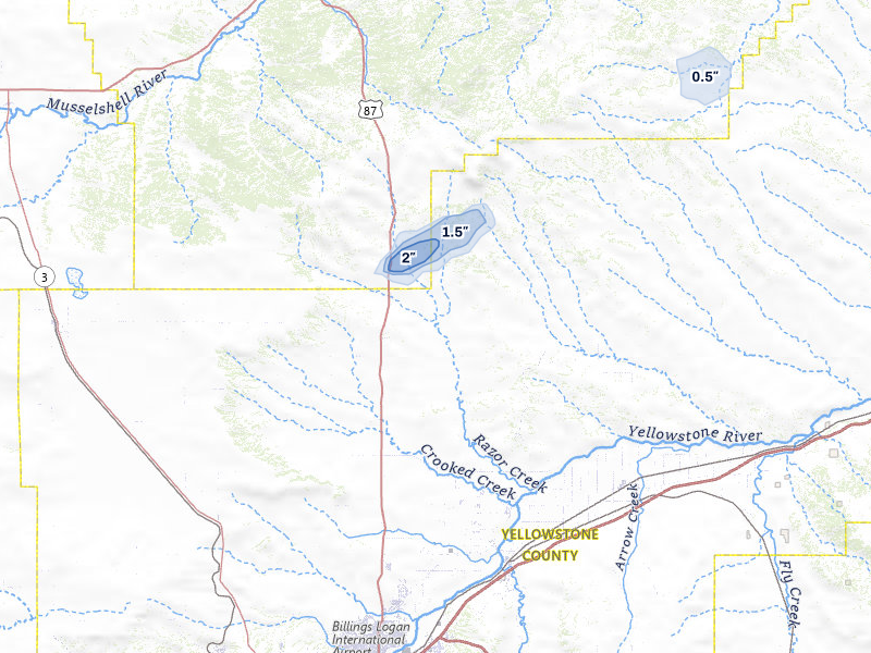 NEXRAD radar-signature map of the hail storm over Shepherd, MT on Jul 5, 2026