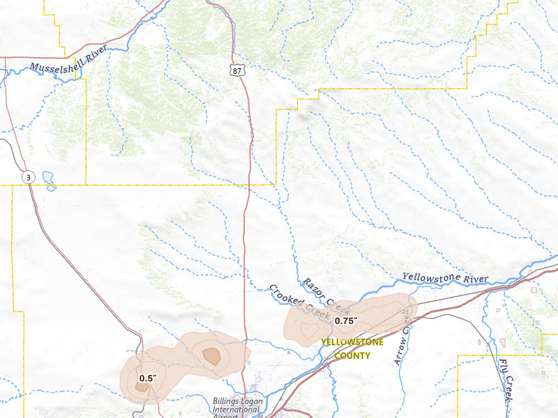 Radar-estimated hail-size map of the storm over Shepherd, MT on Jul 15, 2026