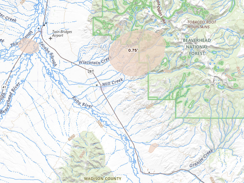 Radar-estimated hail-size map of the storm over Sheridan, MT on Jul 25, 2026