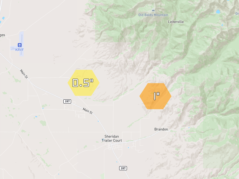 Hail map of Sheridan, MT on Jul 25, 2026, hail up to 1"