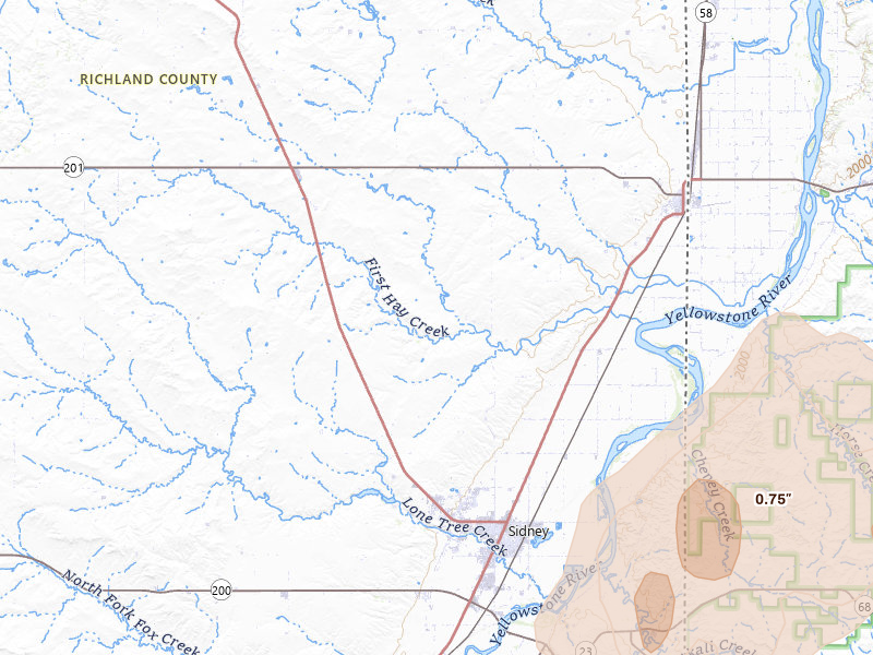 Radar-estimated hail-size map of the storm over Sidney, MT on Jun 7, 2026