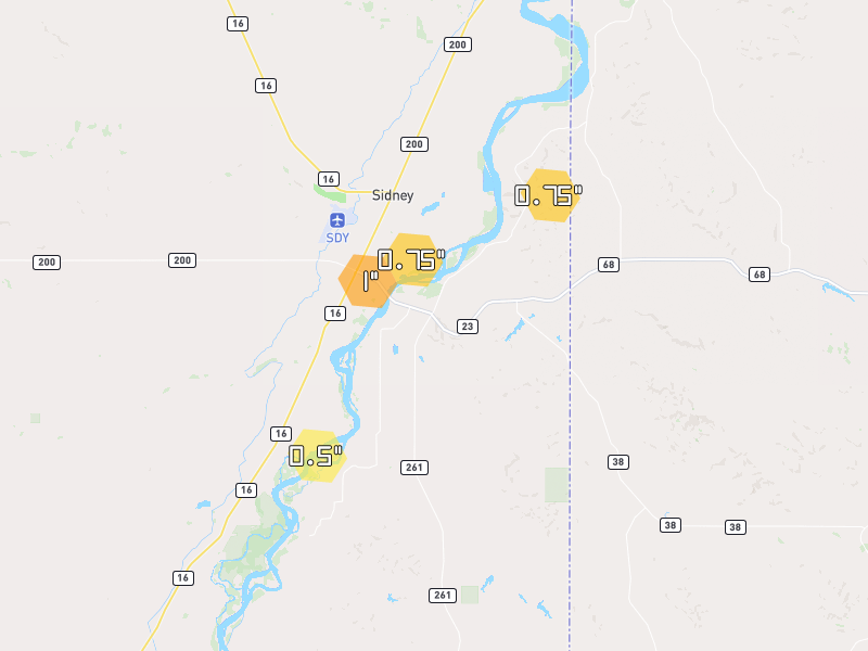 Hail map of Sidney, MT on Jul 3, 2026, hail up to 1"