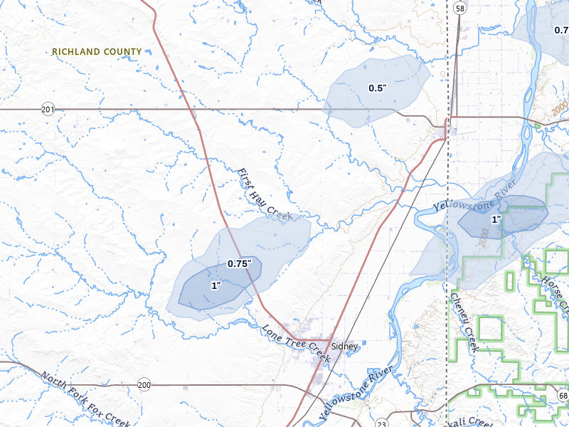 NEXRAD radar-signature map of the hail storm over Sidney, MT on Jul 5, 2026