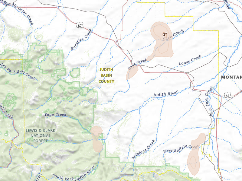Radar-estimated hail-size map of the storm over Stanford, MT on May 28, 2026