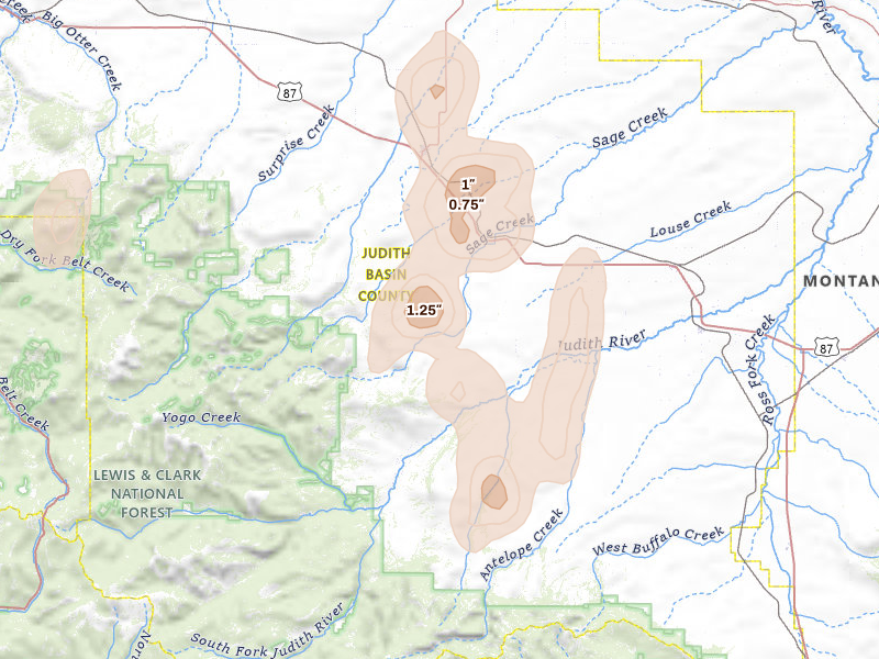 Radar-estimated hail-size map of the storm over Stanford, MT on May 29, 2026
