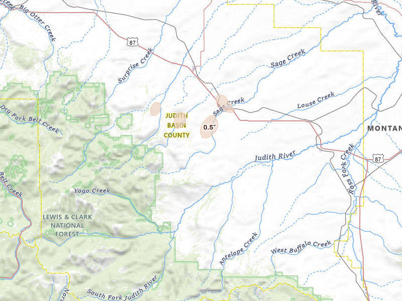 Radar-estimated hail-size map of the storm over Stanford, MT on Jun 12, 2026