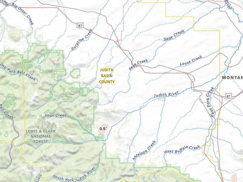Radar-estimated hail-size map of the storm over Stanford, MT on Jul 1, 2026